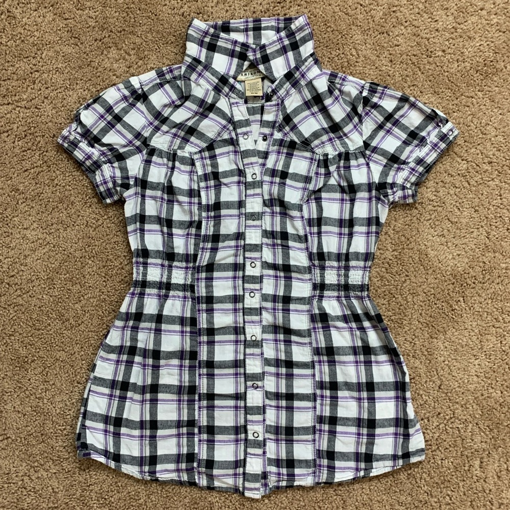 Girl’s Purple and Gray Plaid Cinched Button Up